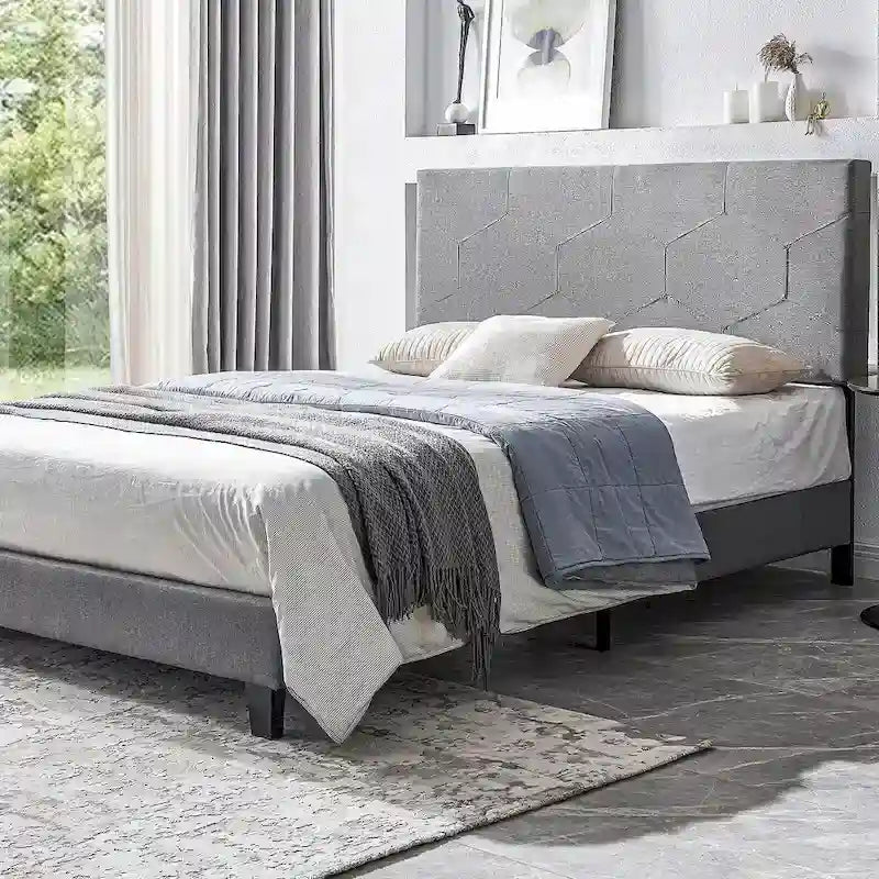 Cama de plataforma tapizada tamaño Queen gris, soporte de listones de madera, para 1 persona