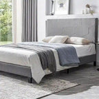 Cama de plataforma tapizada tamaño Queen gris, soporte de listones de madera, para 1 persona