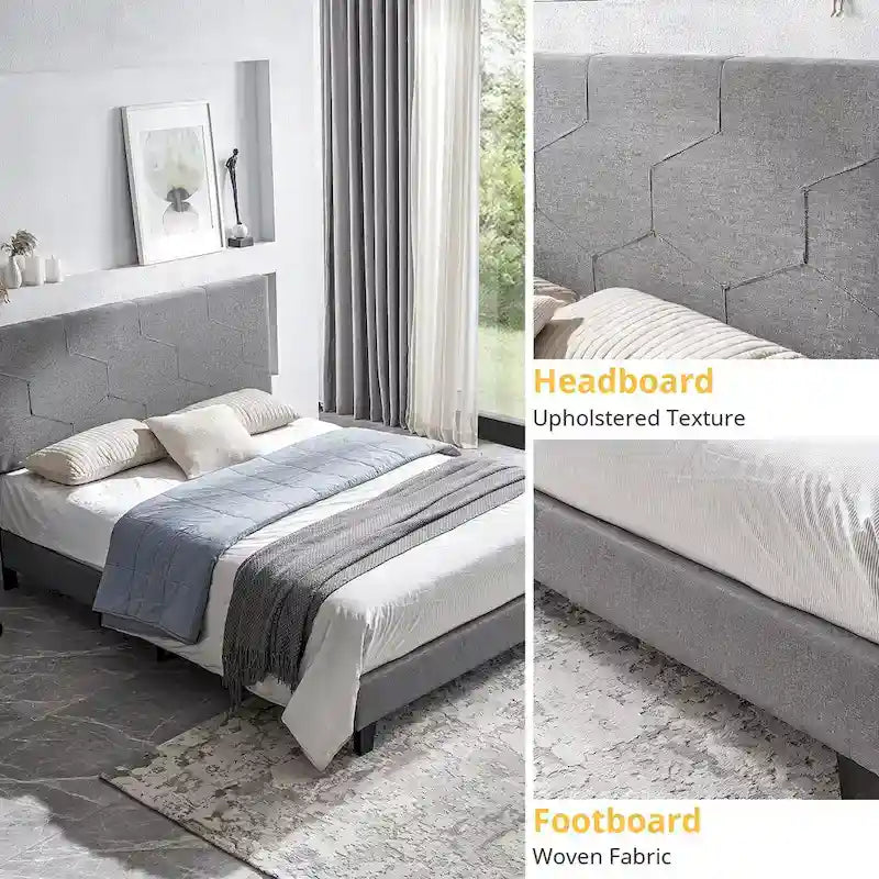 Cama de plataforma tapizada tamaño Queen gris, soporte de listones de madera, para 1 persona