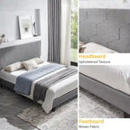 Cama de plataforma tapizada tamaño Queen gris, soporte de listones de madera, para 1 persona