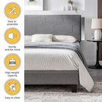 Cama de plataforma tapizada tamaño Queen gris, soporte de listones de madera, para 1 persona