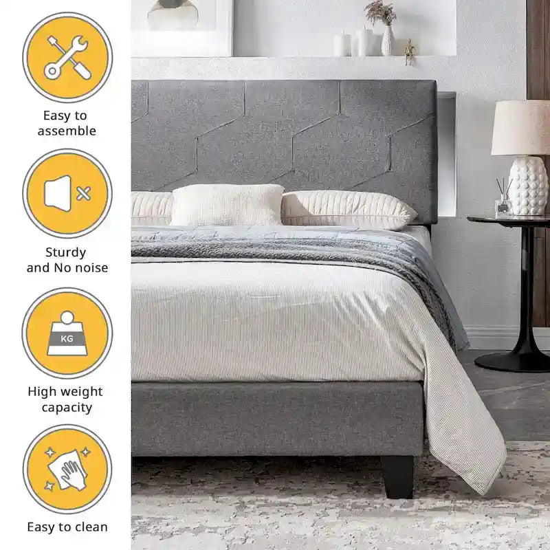 Cama de plataforma tapizada tamaño Queen gris, soporte de listones de madera, para 1 persona