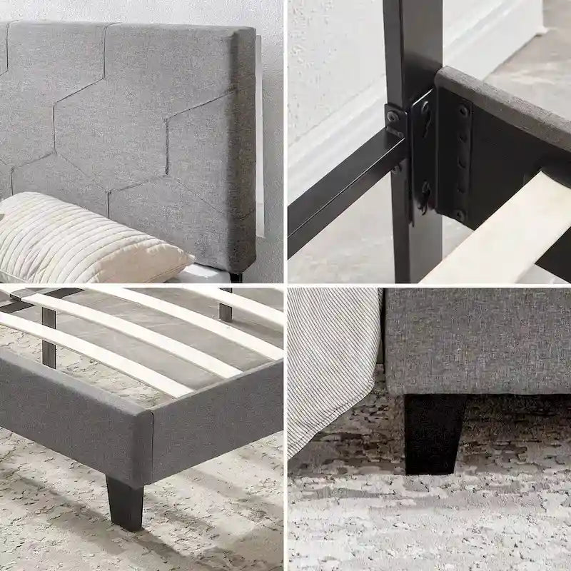 Cama de plataforma tapizada tamaño Queen gris, soporte de listones de madera, para 1 persona