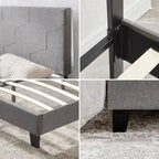 Cama de plataforma tapizada tamaño Queen gris, soporte de listones de madera, para 1 persona