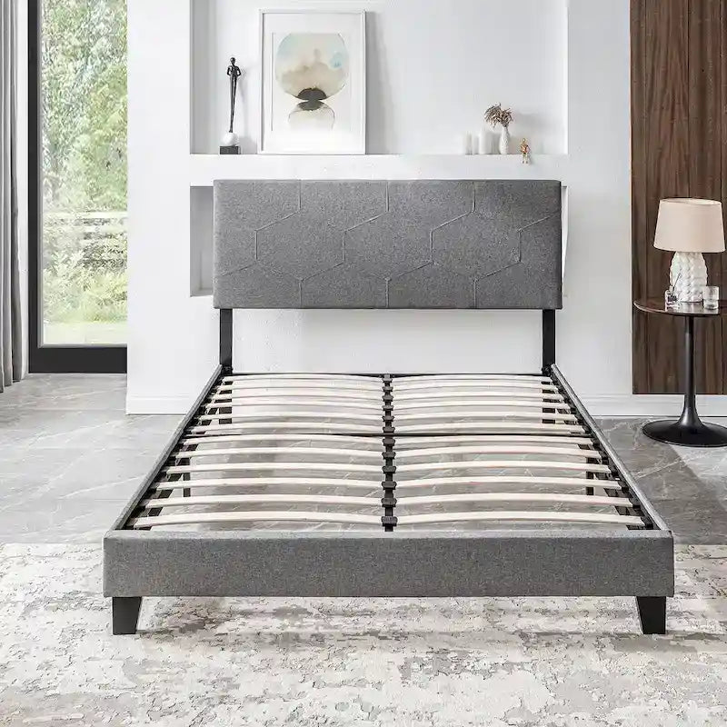 Cama de plataforma tapizada tamaño Queen gris, soporte de listones de madera, para 1 persona