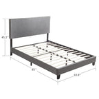 Cama de plataforma tapizada tamaño Queen gris, soporte de listones de madera, para 1 persona