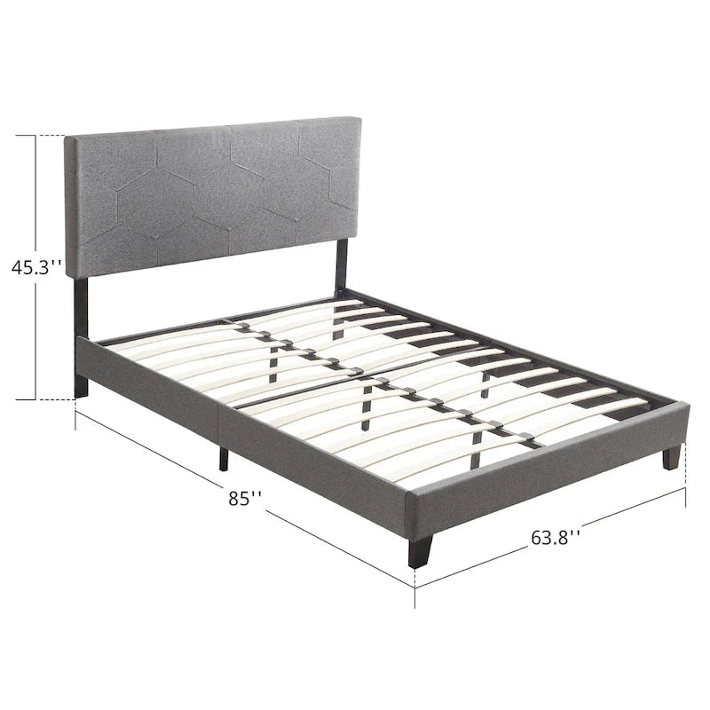 Cama de plataforma tapizada tamaño Queen gris, soporte de listones de madera, para 1 persona