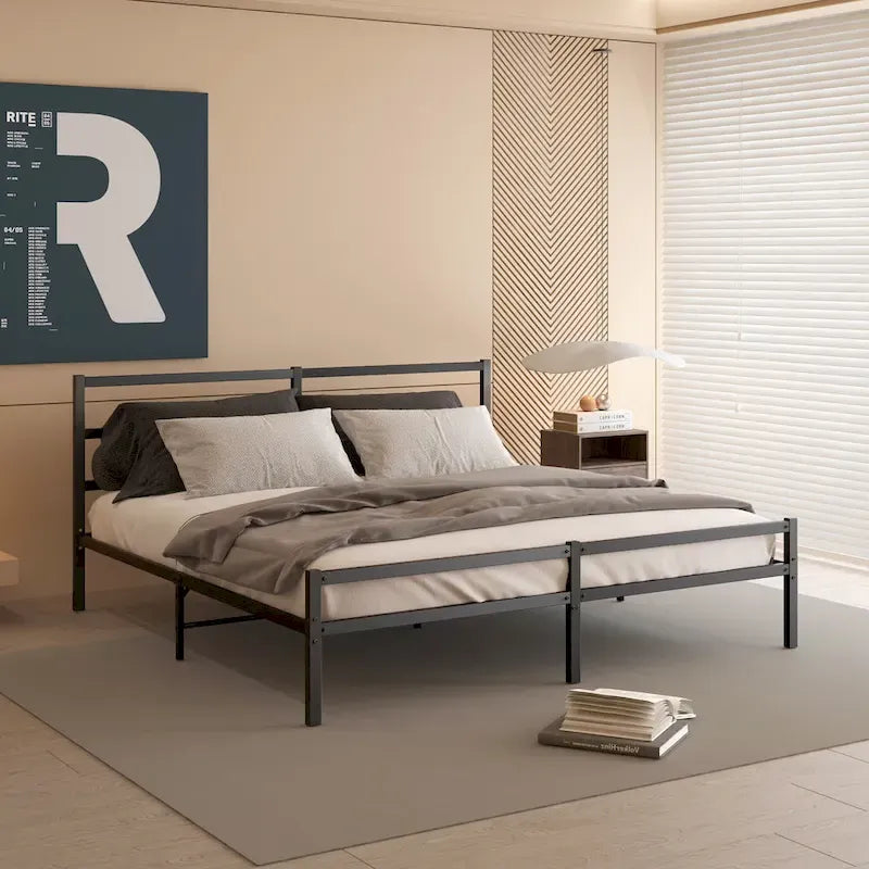 Estructura de cama plataforma de metal negro con cabecero - King, 1 persona