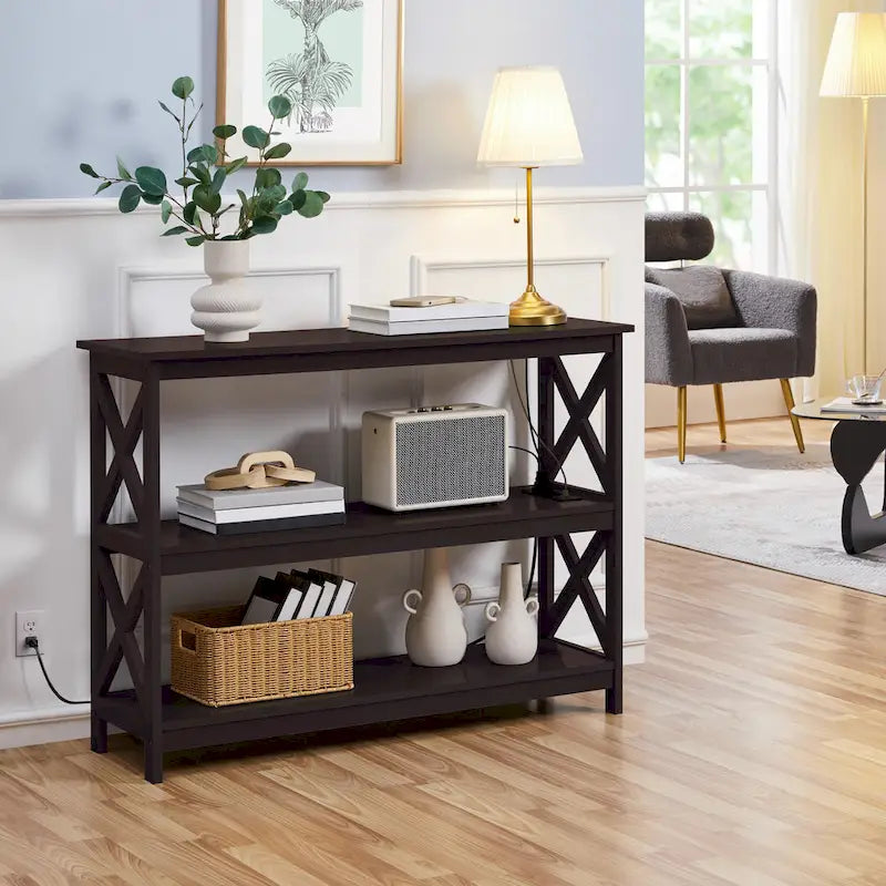 Mesa consola de 3 niveles con toma de corriente, blanca / gris / espresso / negra
