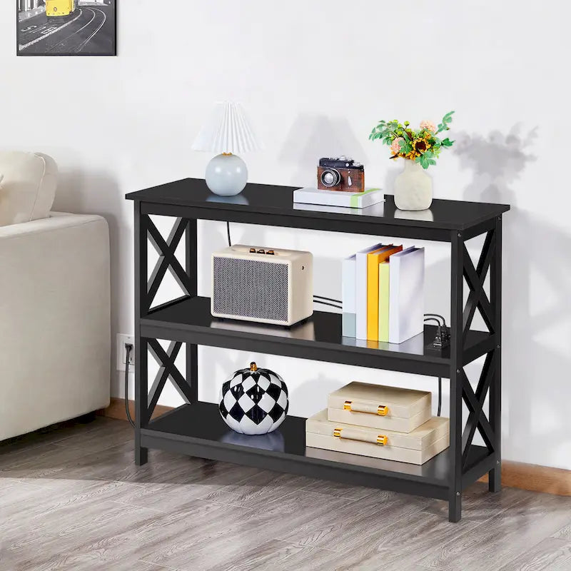 Mesa consola de 3 niveles con toma de corriente, blanca / gris / espresso / negra
