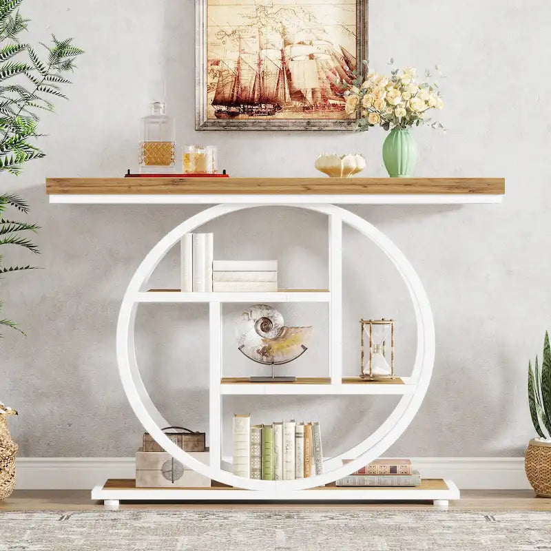 Mesa consola industrial redonda de cuatro niveles marrón/gris – Para 1 persona