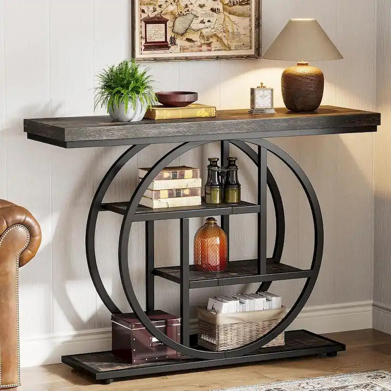 Mesa consola industrial redonda de cuatro niveles marrón/gris – Para 1 persona