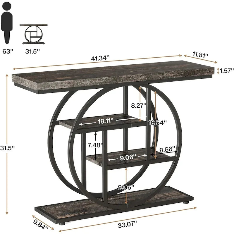 Mesa consola industrial redonda de cuatro niveles marrón/gris – Para 1 persona