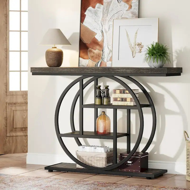 Mesa consola industrial redonda de cuatro niveles marrón/gris – Para 1 persona