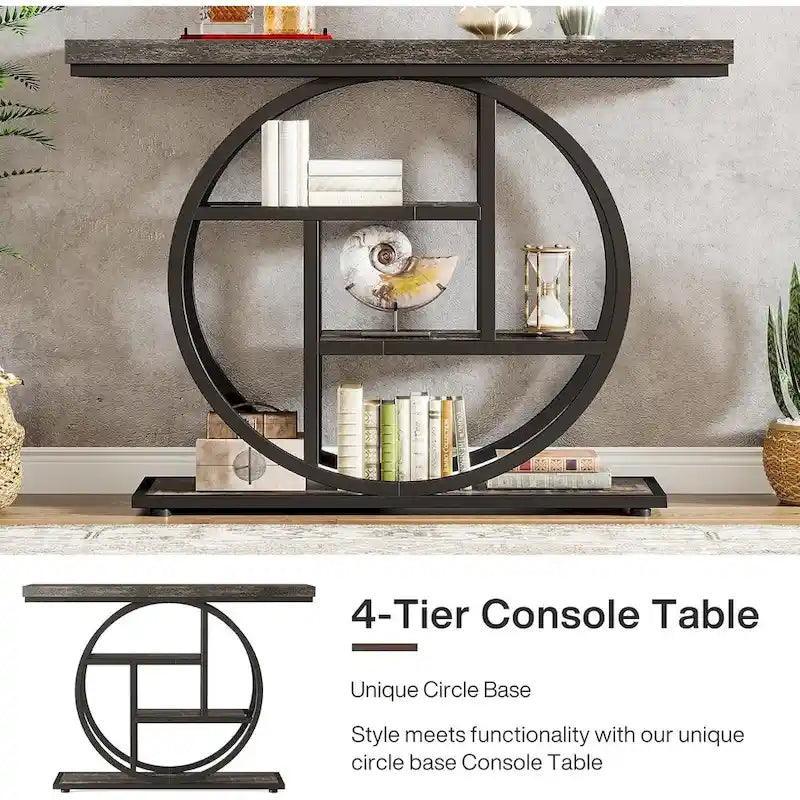 Mesa consola industrial redonda de cuatro niveles marrón/gris – Para 1 persona
