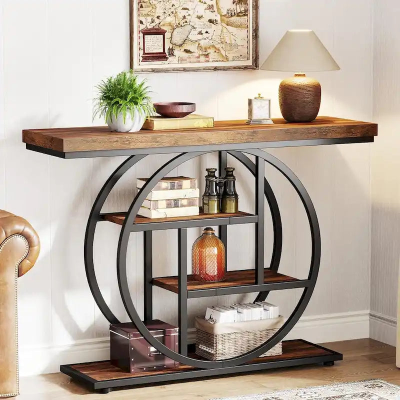 Mesa consola industrial redonda de cuatro niveles marrón/gris – Para 1 persona