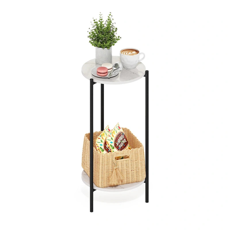 Mesa auxiliar redonda de 2 niveles con patas de metal – Negro / Blanco / Blanco y negro, para 1 persona