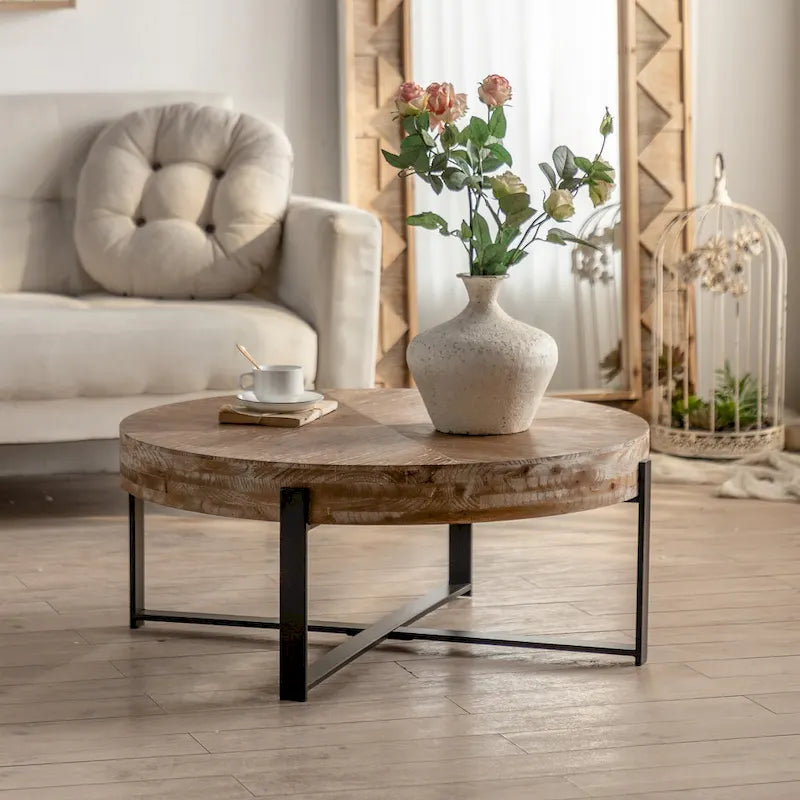 Mesa de centro redonda retro – Negro/Dorado, capacidad 2-4 personas