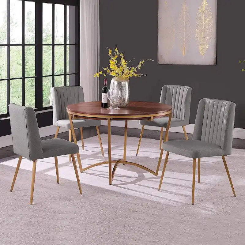 Juego de comedor redondo de 5 piezas, beige/gris, sillas de terciopelo, 4 asientos