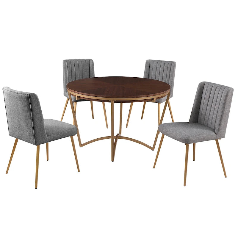 Juego de comedor redondo de 5 piezas, beige/gris, sillas de terciopelo, 4 asientos