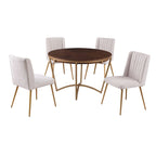 Juego de comedor redondo de 5 piezas, beige/gris, sillas de terciopelo, 4 asientos