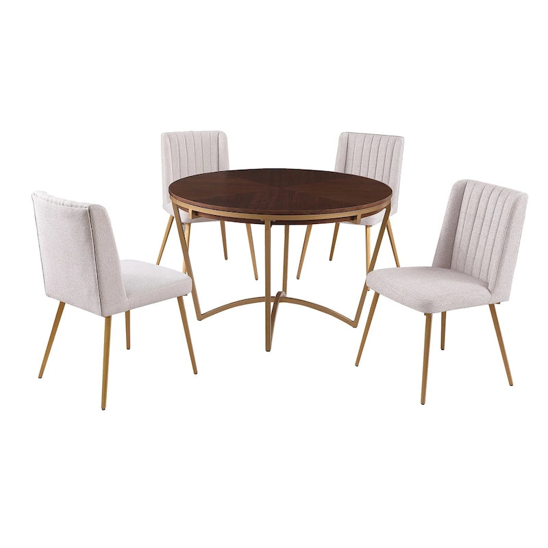 Juego de comedor redondo de 5 piezas, beige/gris, sillas de terciopelo, 4 asientos