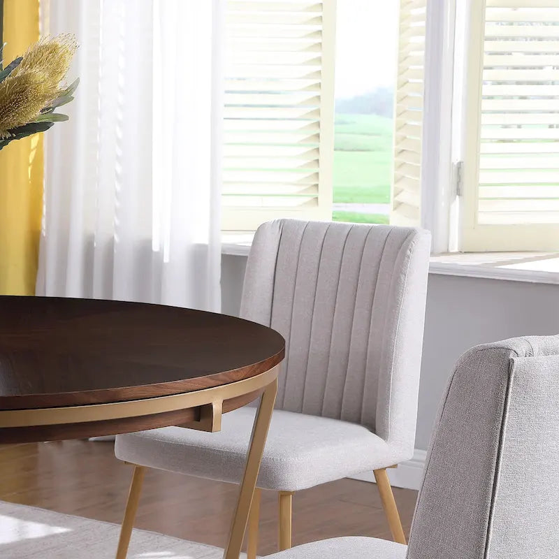 Juego de comedor redondo de 5 piezas, beige/gris, sillas de terciopelo, 4 asientos