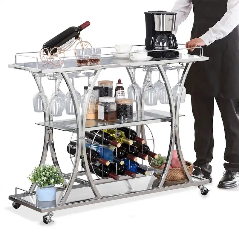 Carrito de bar con ruedas de 3 niveles cromado/dorado para 1 o 2 usuarios