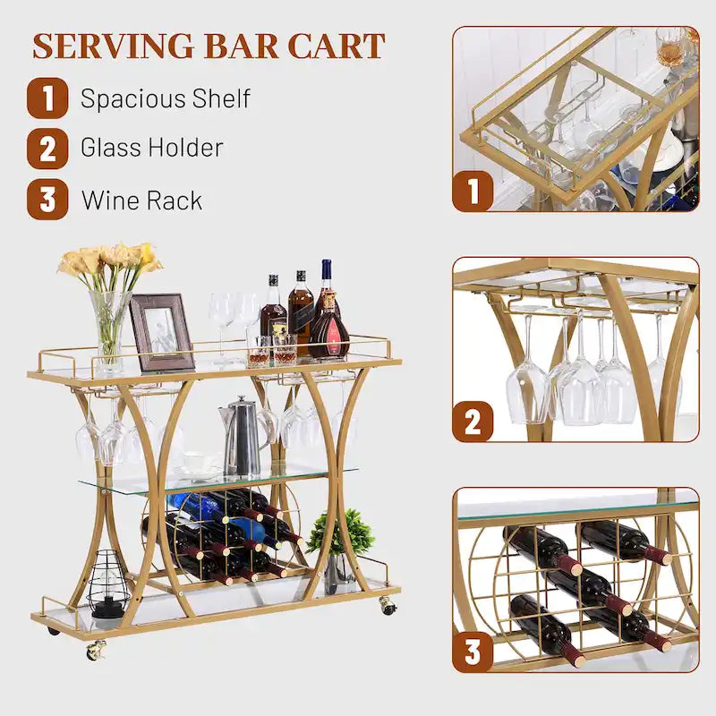 Carrito de bar con ruedas de 3 niveles cromado/dorado para 1 o 2 usuarios