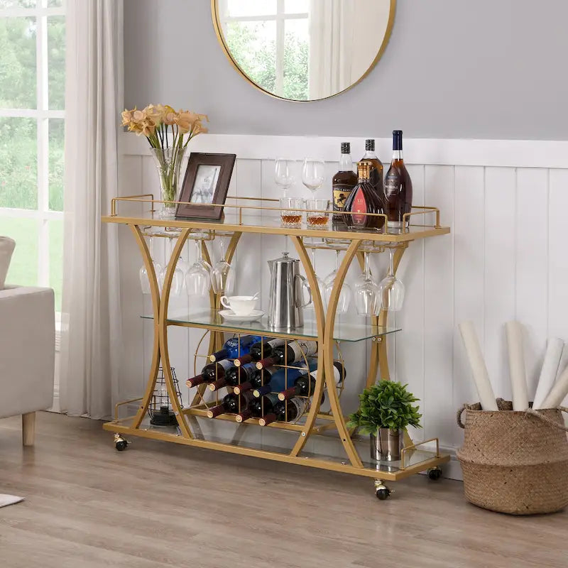 Carrito de bar con ruedas de 3 niveles cromado/dorado para 1 o 2 usuarios