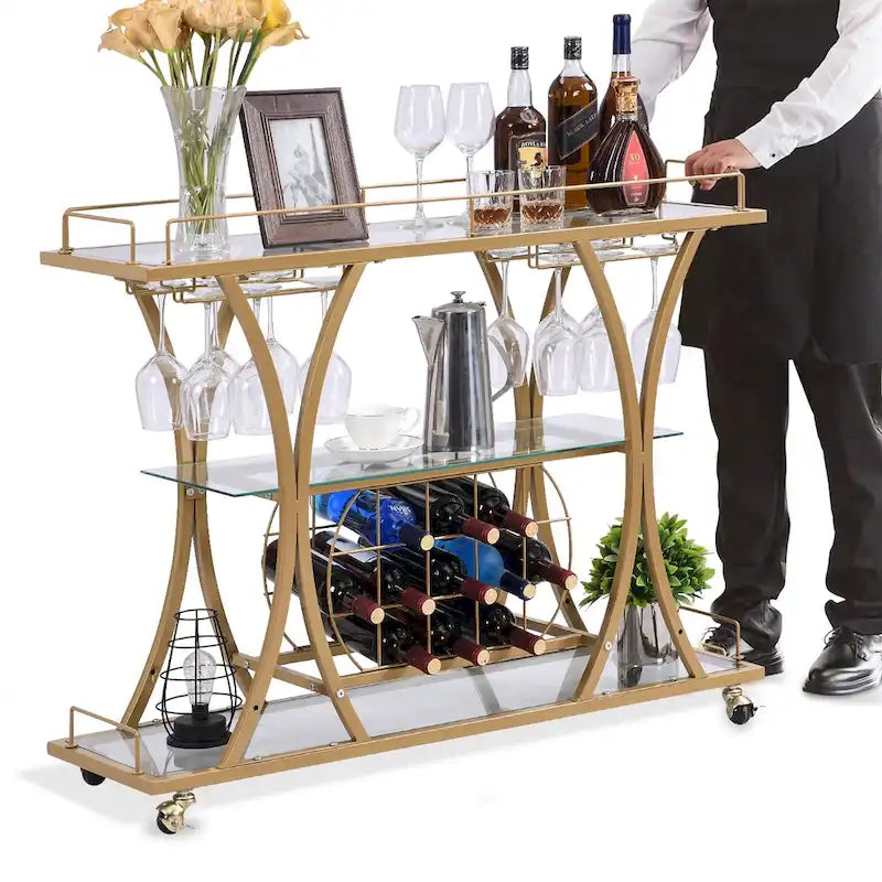 Carrito de bar con ruedas de 3 niveles cromado/dorado para 1 o 2 usuarios