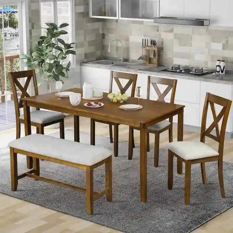 Juego de comedor de madera maciza de 6 piezas en marrón/gris/espresso, para 6 personas