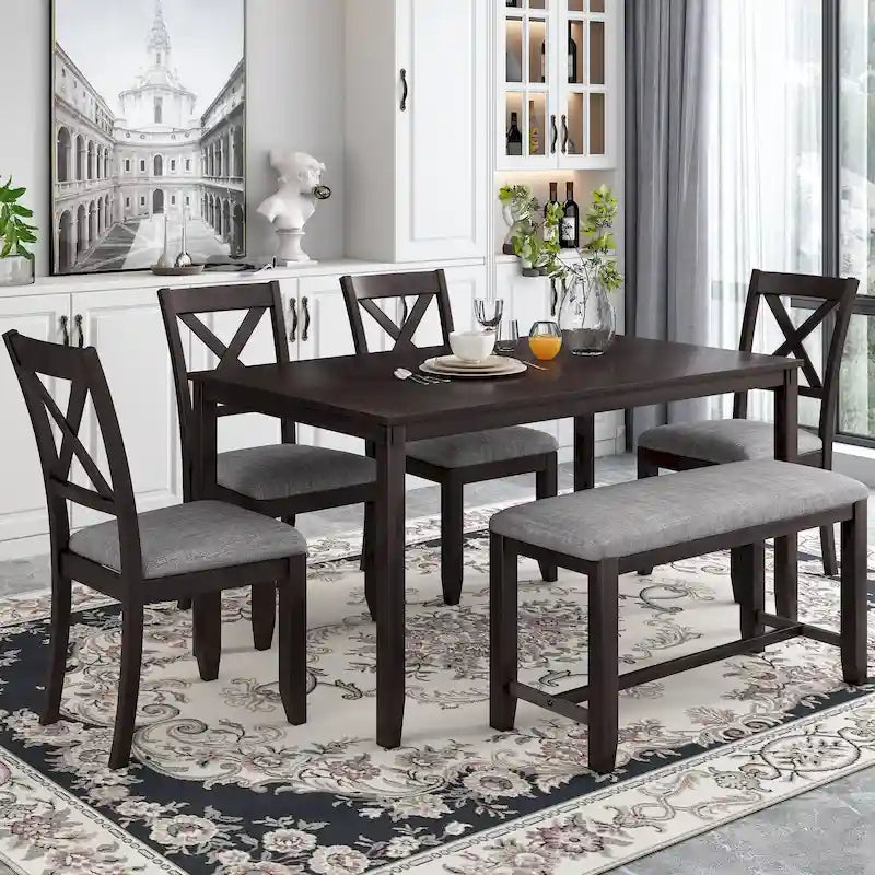 Juego de comedor de madera maciza de 6 piezas en marrón/gris/espresso, para 6 personas