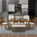 Juego de comedor de madera maciza de 6 piezas en marrón/gris/espresso, para 6 personas