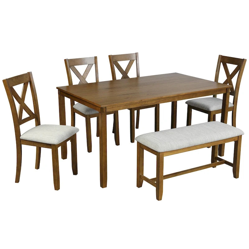 Juego de comedor de madera maciza de 6 piezas en marrón/gris/espresso, para 6 personas