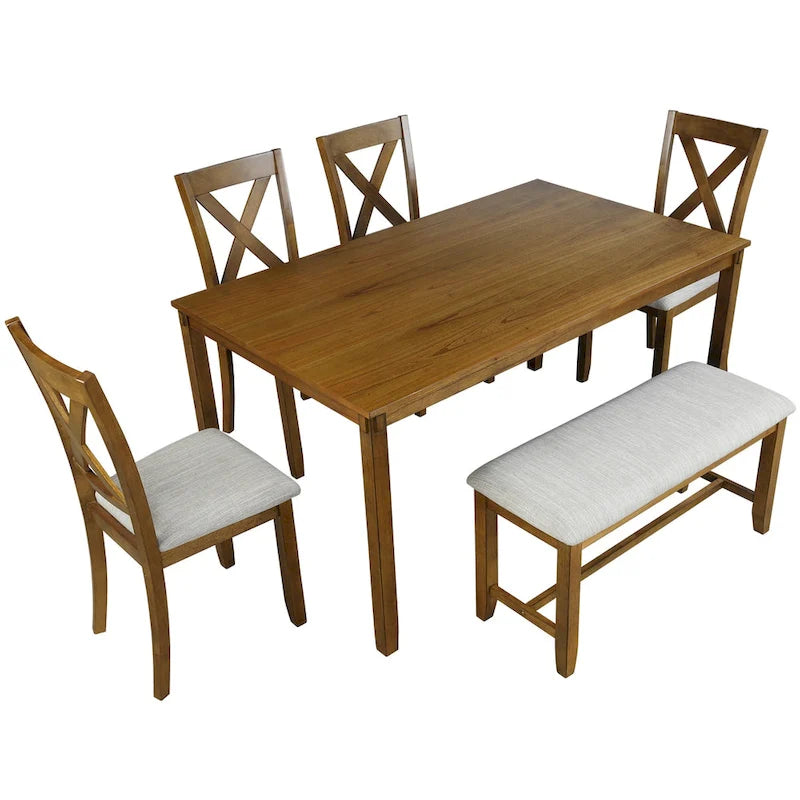 Juego de comedor de madera maciza de 6 piezas en marrón/gris/espresso, para 6 personas