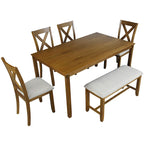 Juego de comedor de madera maciza de 6 piezas en marrón/gris/espresso, para 6 personas