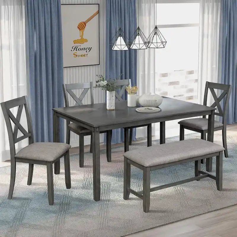 Juego de comedor de madera maciza de 6 piezas en marrón/gris/espresso, para 6 personas