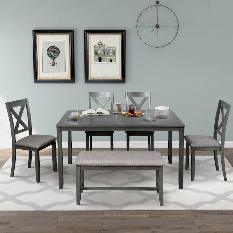 Juego de comedor de madera maciza de 6 piezas en marrón/gris/espresso, para 6 personas