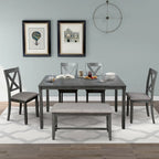 Juego de comedor de madera maciza de 6 piezas en marrón/gris/espresso, para 6 personas
