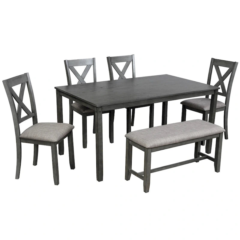 Juego de comedor de madera maciza de 6 piezas en marrón/gris/espresso, para 6 personas