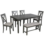 Juego de comedor de madera maciza de 6 piezas en marrón/gris/espresso, para 6 personas
