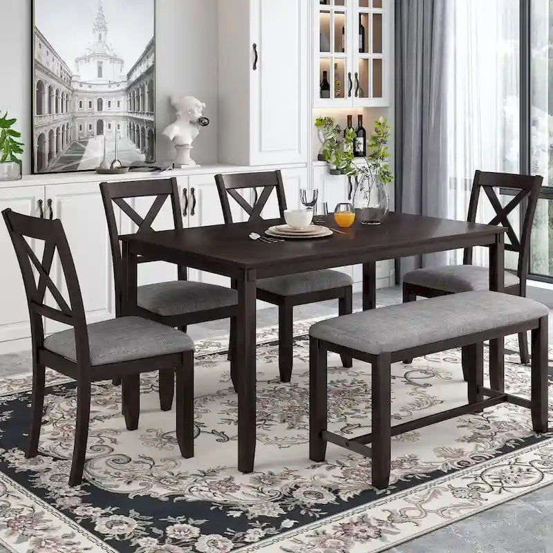 Juego de comedor de madera maciza de 6 piezas en marrón/gris/espresso, para 6 personas