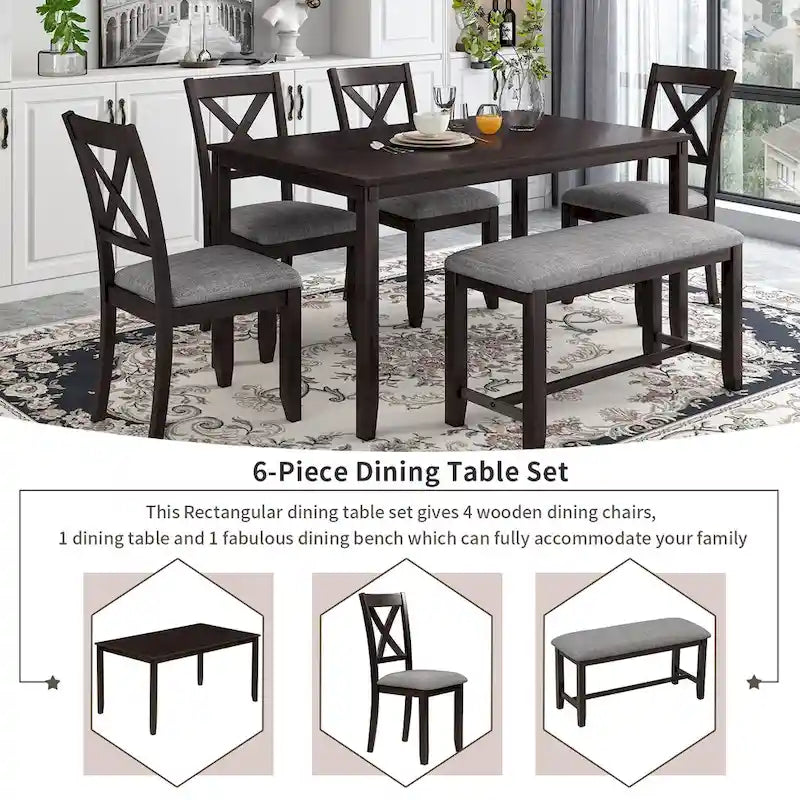 Juego de comedor de madera maciza de 6 piezas en marrón/gris/espresso, para 6 personas