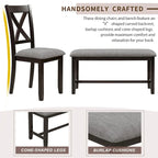 Juego de comedor de madera maciza de 6 piezas en marrón/gris/espresso, para 6 personas