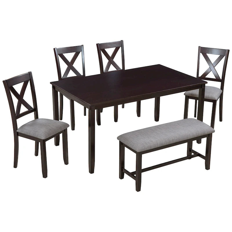 Juego de comedor de madera maciza de 6 piezas en marrón/gris/espresso, para 6 personas