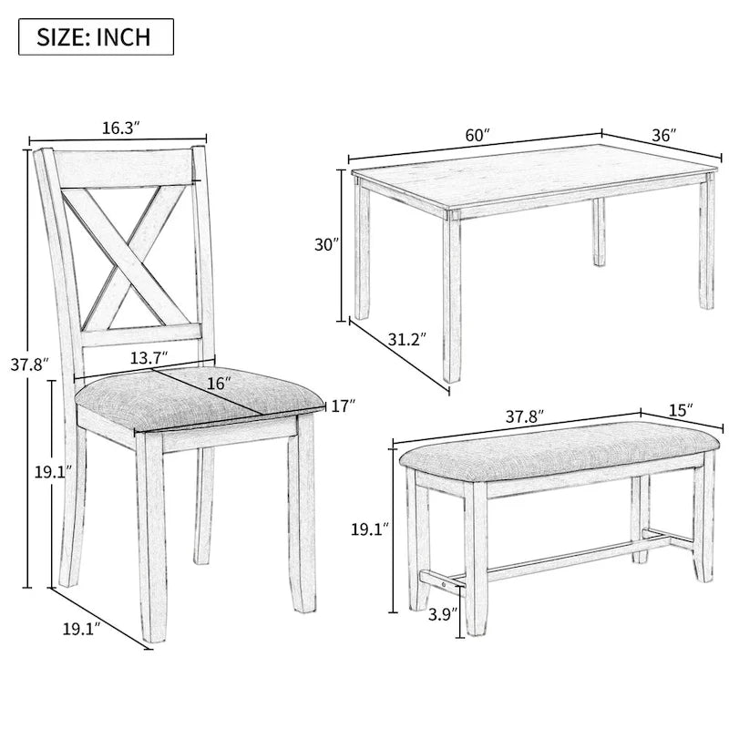 Juego de comedor de madera maciza de 6 piezas en marrón/gris/espresso, para 6 personas