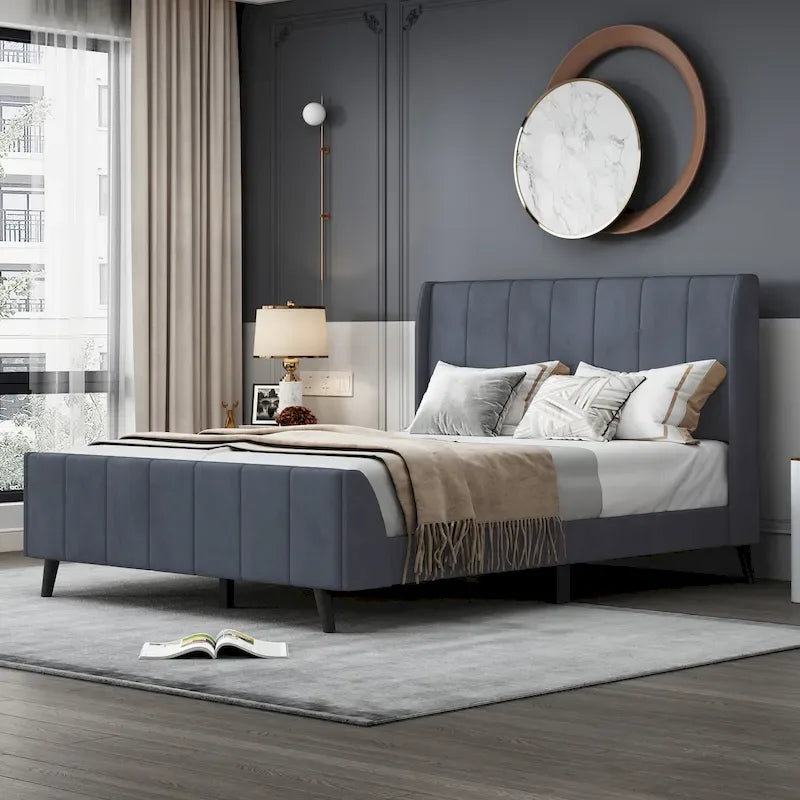 Cama de plataforma tapizada en terciopelo beige/gris/rosa, tamaño matrimonial, para 2 personas