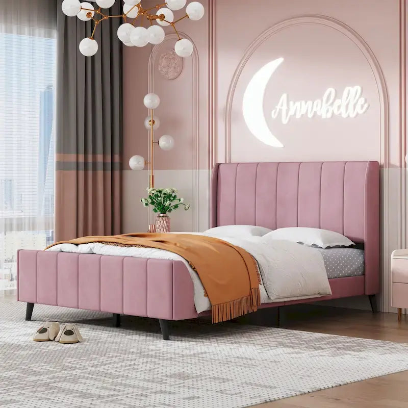 Cama de plataforma tapizada en terciopelo beige/gris/rosa, tamaño matrimonial, para 2 personas