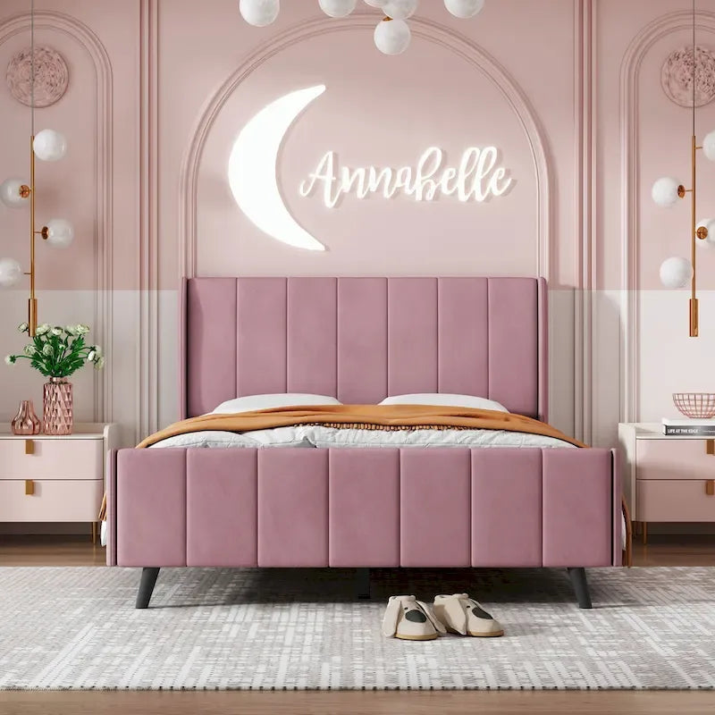 Cama de plataforma tapizada en terciopelo beige/gris/rosa, tamaño matrimonial, para 2 personas